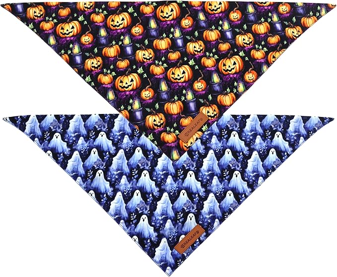 Realeaf Halloween Dog Bandanas 2 Pack, Pumpkins and Ghosts Pet Scarf for Boy and Girl, Premium Durable Fabric, Holiday Bandana for Small and Medium Dogs Pets (Small)