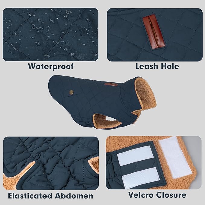 azuza Dog Jacket Waterproof & Windproof Dog Coat for Small Dogs with Thick Fleece, High Collar with Leash Hole, Adjustable Velcro & Elastic Belly, Navy L