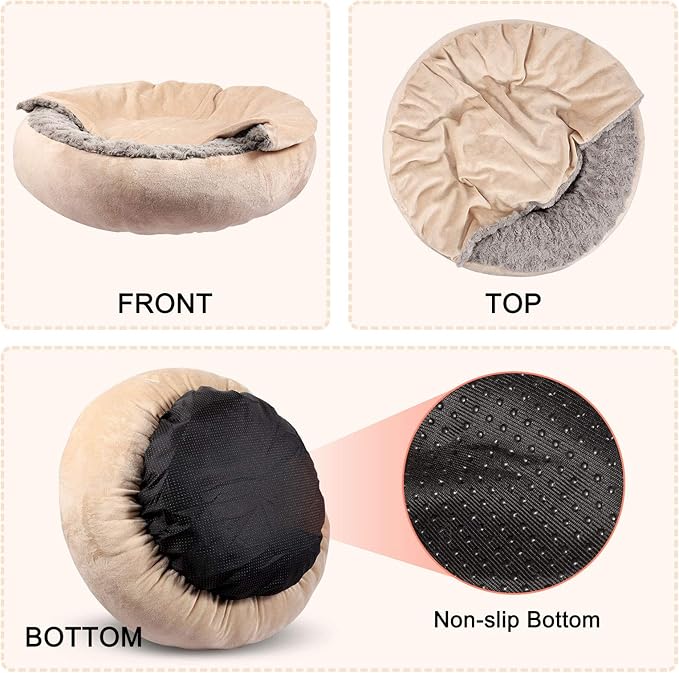 GASUR Small Dog & Cat Bed, 23'' Donut Pet Bed Mat with Hooded Blanket, Anti-Anxiety Burrow Cave Bed, Cozy Puppy Bed, Machine Washable, for Indoor Pets up to 20lbs