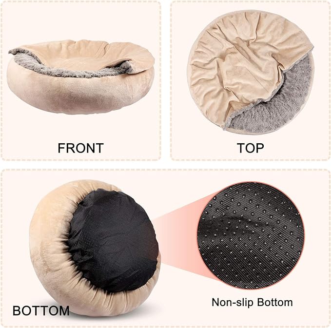 GASUR Dog Beds for Small Medium Dogs with Hooded Blanket, Cozy Cuddler Luxury Puppy Pet Bed with Blanket Attached, Donut Round Calming Anti-Anxiety Dog Burrow Cave Bed, Machine Washable 26 inch