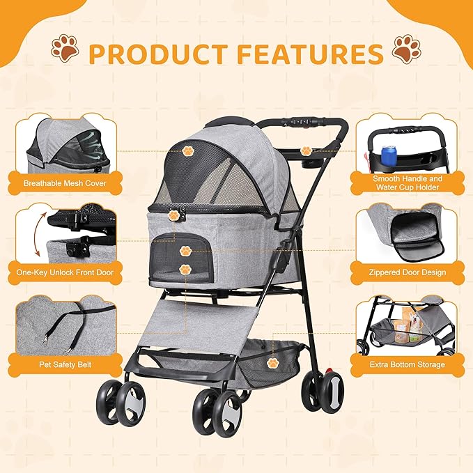 ZENY Pet Stroller, 3 in1 Foldable Dog Cat Jogger Stroller with 4 Wheels, Detachable Basket and Cup Holder, Travel Folding Carrier for Small/Medium Pet