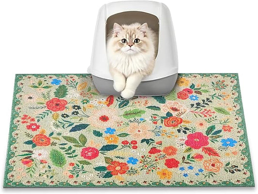 Cat Litter Mat, 24" x 16" Litter Box mat, Upgrade Non-Slip Kitty Litter mat, Traps 100% Litter, Soft on Kitty Paws, Easy Clean for Scatter Control, Bohe cat Food mat, Urine Waterproof