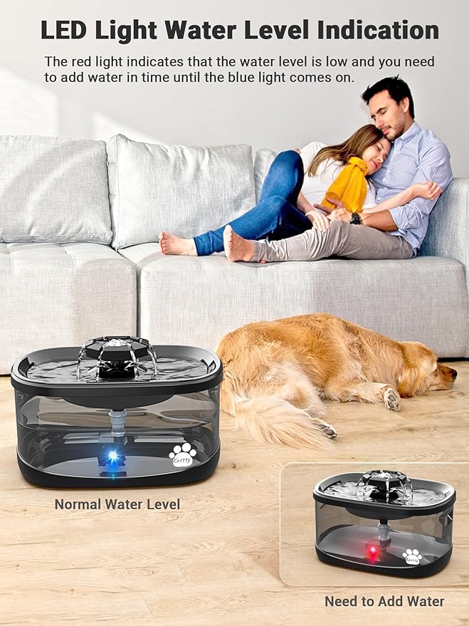 Kastty 2.5Gal/9.5L Dog Water Fountain 3 Flow Modes Cat Fountain with 2 Flower Spouts& 7" Larger Filter Super Filtration& Smart 3 in 1 LED Safe Pump, BPA-Free, Quiet for Large Dogs& Multi Pets(FS68)