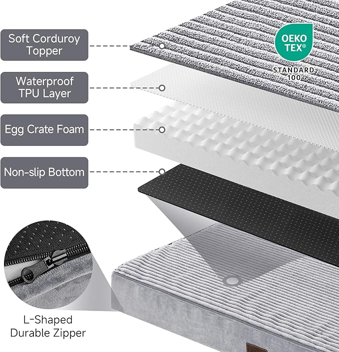 OhGeni 41 Inches Orthopedic Waterproof & Machine Washable Dog Bed for Large Pets, Suitable for Crates, 25D Egg Crate Foam, Non-Slip Bottom & Removable Cover(Gray)