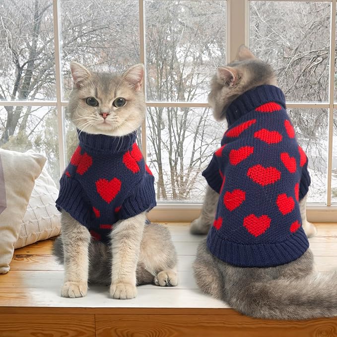 KOOLTAIL Cat Sweater Turtleneck - Soft Knit Sweaters for Small Medium Large Cats & Kittens - Warm & Thick, Red Heart Love Pattern - Navy
