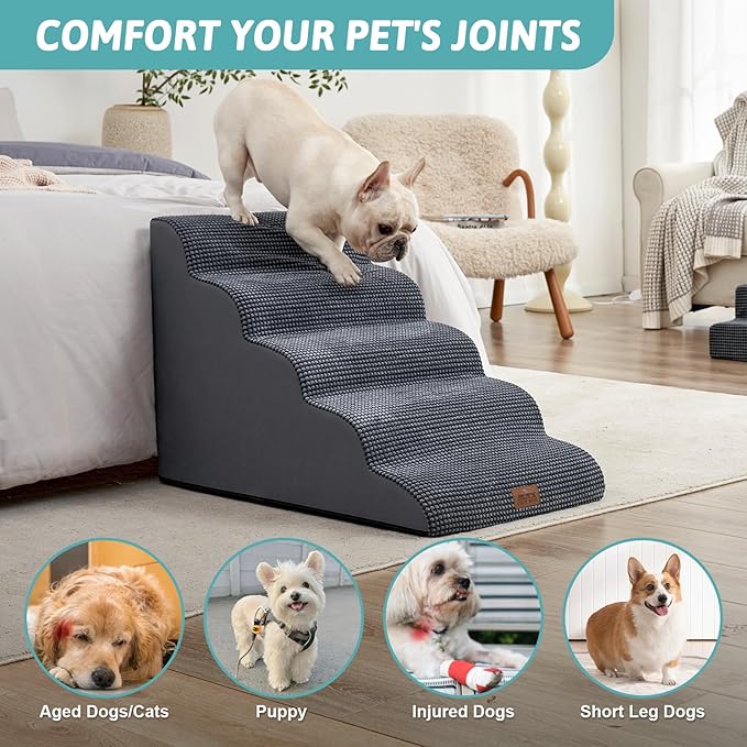 Extra Wide Dog Stairs 19.7" Width, Large Pet Step for Small Medium Dog, Puppy or Cat, Ramp for High Bed or Car, High Density Foam Ladder, Stable, 5 Step, 19.7x33x22.4 in, Charcoal Grey