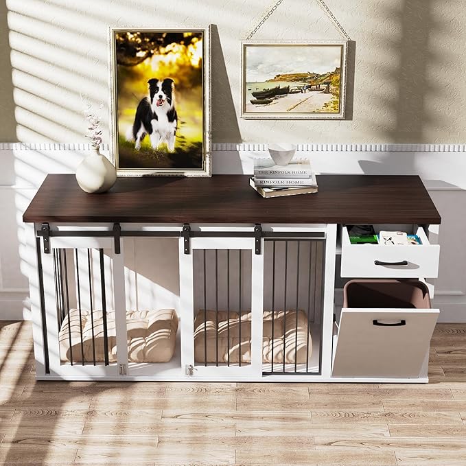 Large Dog Crate Furniture Large Breed,71 Inch Wooden Dog Crate with Tilt Out Trash Cabinet,Drawers,Divider and Sliding Barn Door, Double Doors Dogs Crate for 2 Dogs (White)