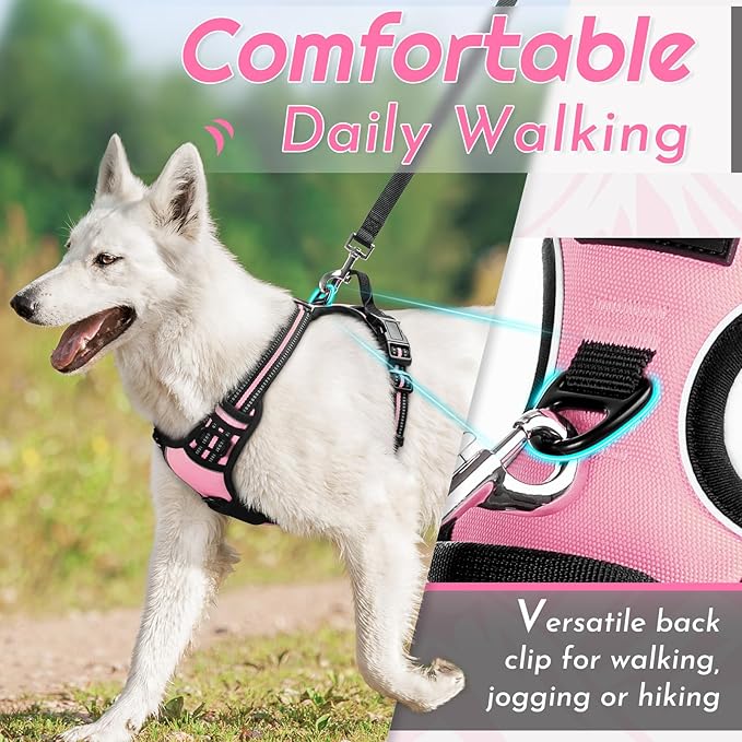 Eagloo Dog Harness for Large Dogs, No Pull Service Vest with Reflective Strips and Control Handle, Adjustable and Comfortable for Walking, No Choke Pet Harness with 2 Metal Rings, Pink, L