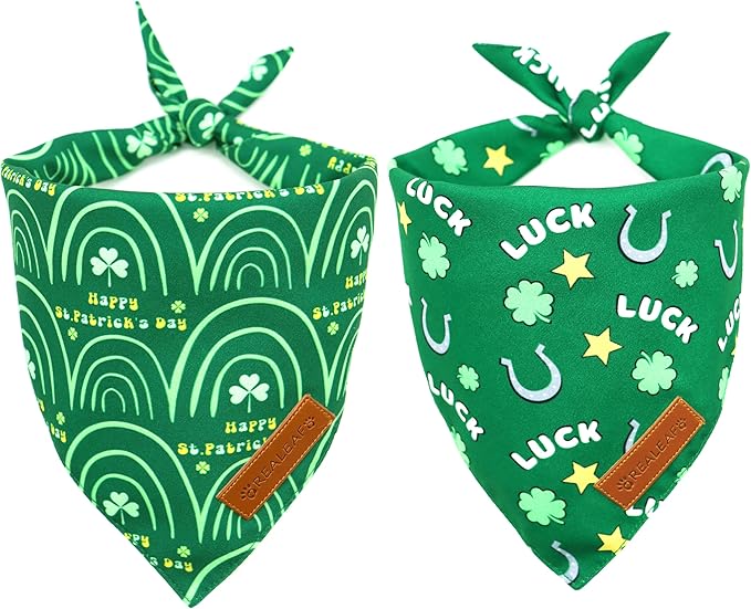 Realeaf St. Patrick's Day Dog Bandanas 2 Pack, Reversible Green Dog Scarf for Boy and Girl, Premium Durable Fabric, Holiday Bandana for Large and Extra Large Dogs Pets (X-Large)