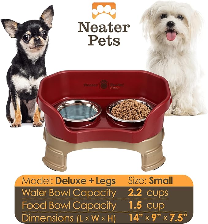 Neater Feeder Deluxe Mess Proof Dog Bowls Elevated for Small Breeds – Made in USA – No Spill Raised Dog Food Bowl Stand w/Leg Extensions – Stainless Steel Dog Food and Water Bowl Set – Red