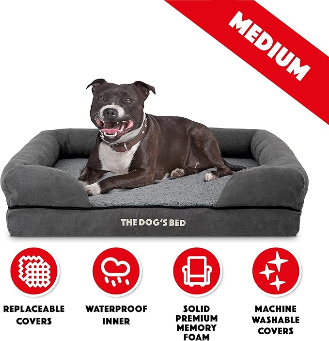 The Dog’s Bed, Medium Grey Plush Memory Foam, Pain Relief: Arthritis, Hip & Elbow Dysplasia, Post Surgery, Lameness, Supportive, Calming, Washable Cover