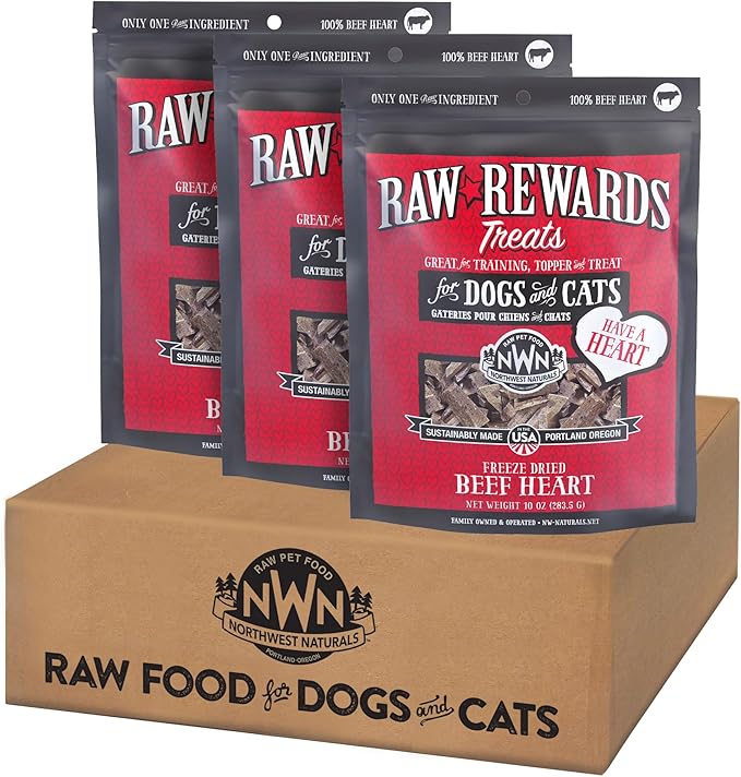 Northwest Naturals Raw Rewards Freeze-Dried Beef Heart Treats for Dogs and Cats - Bite-Sized Pieces - Healthy, 1 Ingredient, Human Grade Ingredient, All Natural, Proudly Made in USA, 10 Oz (Pack of 3)
