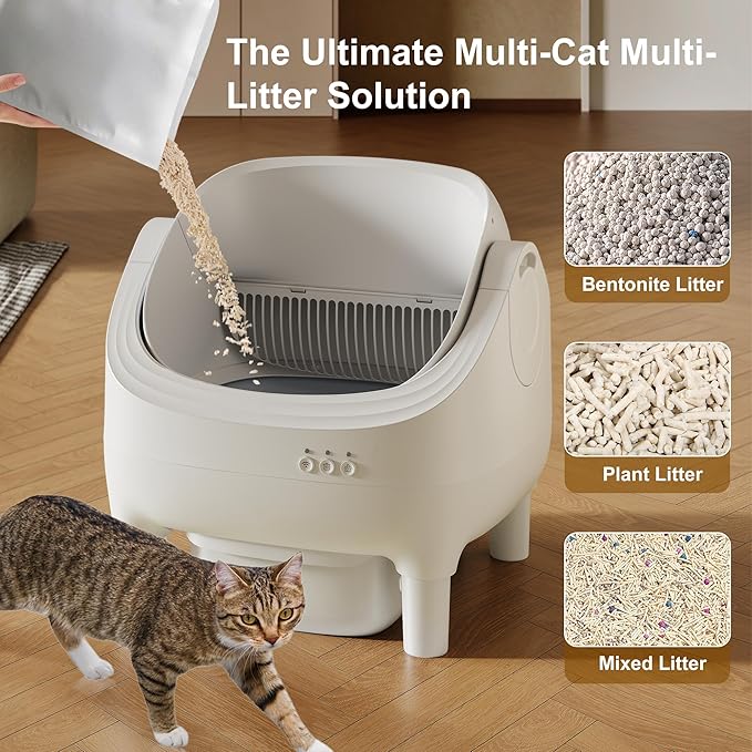 Open-Top Self-Cleaning Cat Litter Box, Automatic Litter Box for Multiple Cats with 10.5L Waste Bin, Advanced Safety Sensors, Quiet Operation, Easy to Clean (White)