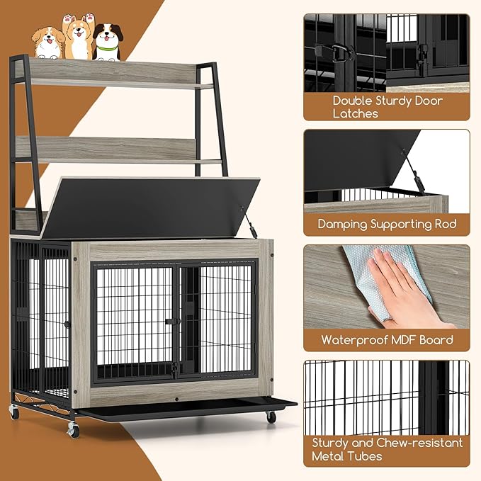 Giantex Dog Crate Furniture with Storage Shelves, 38" Furniture Style Indoor Dog Kennel on Wheels, 3 Doors, Flip Top Lid, Removable Pull-Out Tray, Dog Cage Pet House for Large Dogs, Oak Gray