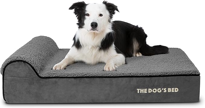 The Dog’s Bed Orthopedic Headrest Dog Bed Large Grey Plush, Memory Foam, Pain Relief for Arthritis, Hip & Elbow Dysplasia, Post Surgery, Lameness, Waterproof Washable Cover
