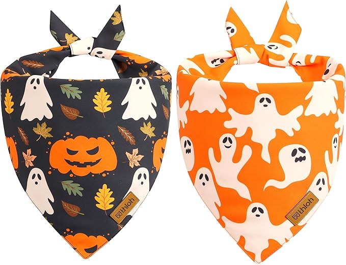 Halloween Dog Bandanas - 2 Pack Fall Dog Bibs | Reversible Pumpkin and Ghost Pet Scarf for Boys and Girls | Premium Durable Fabric | Orange Dog Bandana for Medium and Large Dogs (Large)