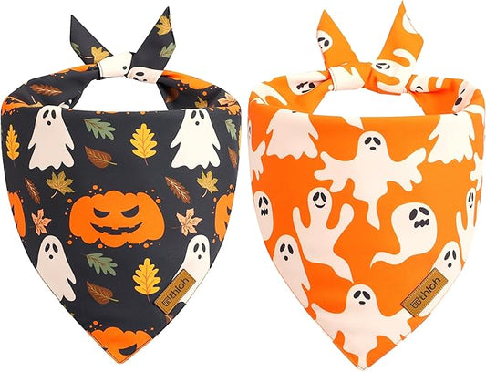 Halloween Dog Bandanas - 2 Pack Fall Dog Bibs | Reversible Pumpkin and Ghost Pet Scarf for Boys and Girls | Premium Durable Fabric | Orange Dog Bandana for Small and Medium Dogs (Small)