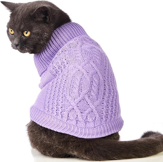 Stretchy Cat Sweater - 17 Colors & 6 Sizes | Snug Winter-Ready Knit for Boy/Girl Cats & Kittens(Purple, X-Small)