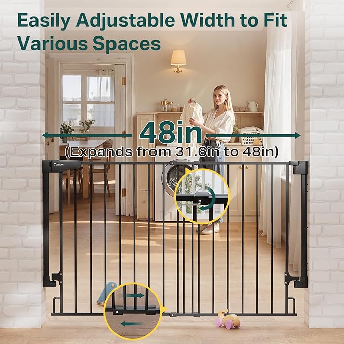 Cumbor Expandable 31.6-48" Baby Gate for Stairs, Wall-Mounted, 2-in-1 No Bottom Bar Dog Gate Indoor, Pet Gate for Doorways with Large Walk Thru Door, Child-Proof Safety Gate for Kids (Black)