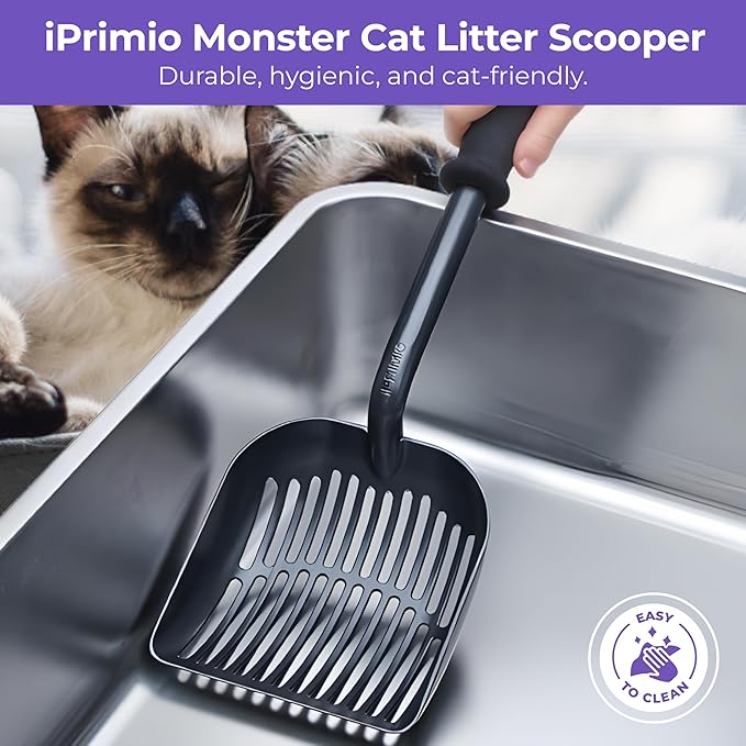 iPrimio Monster Cat Litter Scooper with 17 Inch Long Handle and Soft Grip - Sturdy Extra Large Deep Shovel Scoop - Cat Litter Scoop for Sore Hands - Kitty Litter Box Accessory