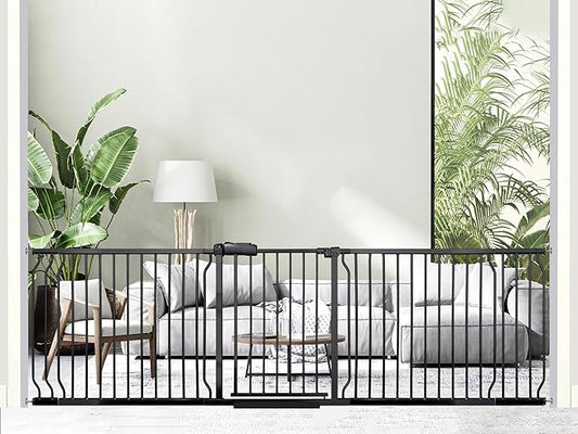 Heavy Duty Baby & Dog Safety Gate 86-104.7 Inch, Black Metal, Pressure Mounted No Drilling Pet Gate for Large Openings