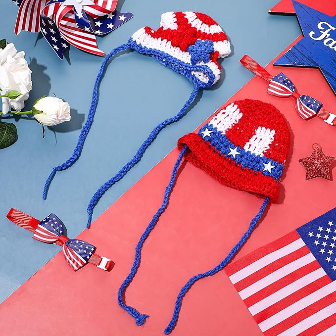 Ganeen 4 Pcs Independence Day Cat Costume 4th of July Pet Hat Headband American Flag Bow Tie Dog Cap USA Small Animal Top Hats National Day Bowtie Collar Costume for Rabbits Kittens Guinea Puppies