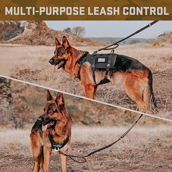 Forestpaw Tactical Dog Harness for Large Dogs,Tactical Dog Collar with Bungee Leash Set,No Pull Military Dog Harness for Walking Training,Adjustable for Medium Large Dogs,Black,Chest 19.5-41.5"