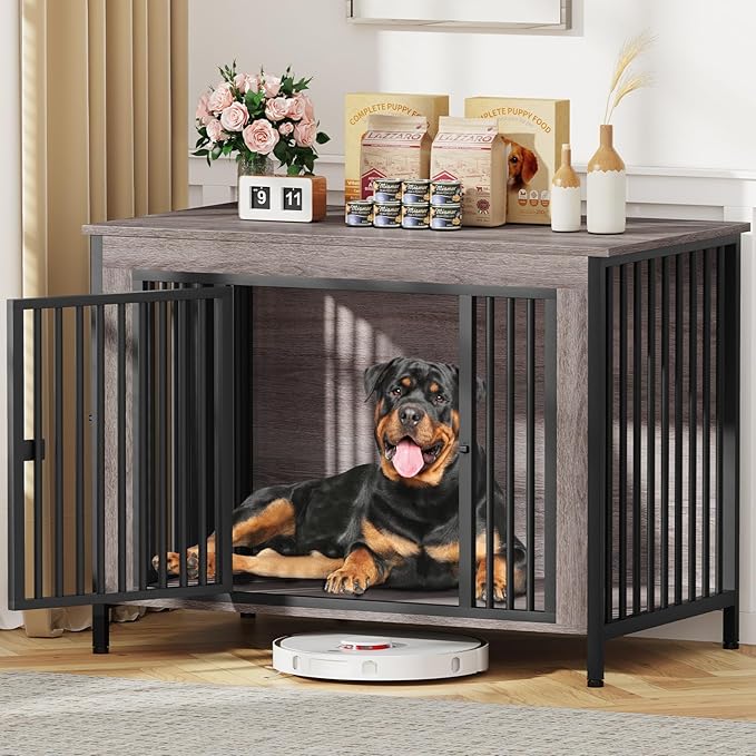 EasyCom Dog Crate Furniture for 1 or 2 Dogs, Heavy Duty Single/Double Dog Crates for Small/Medium/Large Dogs, Dog Kennel Furniture Indoor as TV Stand, Extra Large Size 47.24" L(65-92 Pounds), Oak Grey