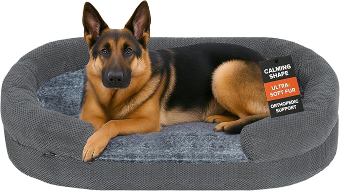 Orthopedic Dog Bed for Extra Large Dogs, Extra-Thick 3.6" Foam Fluffy Fur Sofa with Comfortable Sides, Soft and Big Dog Couch Bed with Washable Removable Cover and Non-Slip Oval Bottom, Grey