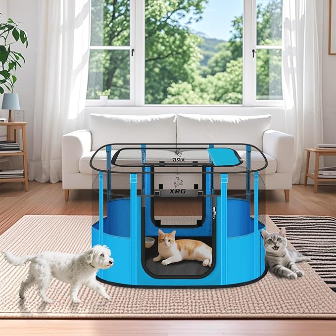 Portable Pet Playpen with Waterproof pad, Collapsible Crates Kennel Playpen for Dog cat and Rabbit &Travel playpen Outdoor or Indoor (Medium（31.5" L x 23.6" W x 21.7" H）, Clear Blue)