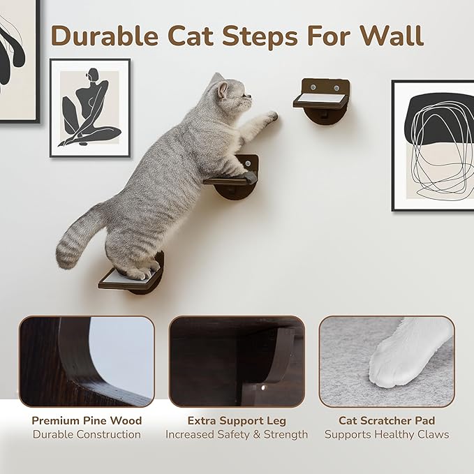 45LBS Capacity Cat Window Perch with Bolster, Hammock Seat with Premium Plywood & Metal Frame, Cat Window Bed for Indoor Cats & Kittens, Extra Cood Pad (Walnut, Cat Wall Steps)