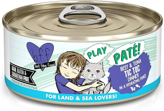 Weruva B.F.F. Play - Best Feline Friend Paté Lovers, Aw Yeah!, Beef & Tuna Tic TOC with Beef & Tuna, 5.5oz Can (Pack of 8)
