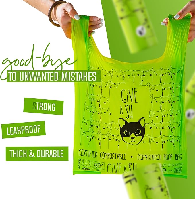 Certified Home Compostable Cat Litter Bags For Poop - 10% to Charity - Cornstarch-Based - For Cleaning Up Litter Trays - NF T51-800 Compliant - 90 Extra Large Disposable Bags