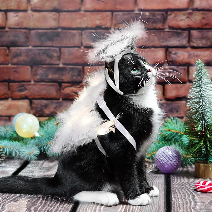 Pet Cat Angel Costume Dog Christmas Dog Costumes Light up Angel Wings for Cats and Headbands Sets with LED Lights White Pet Cat Clothes for Halloween Special Events Party Supplies