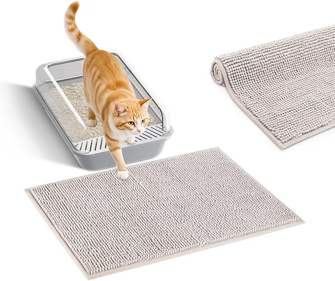 Pieviev Chenille Cat Litter Mat for Litter Box, 28"x22" Soft Ultra Absorbent Mat, Waterproof & Non-Slip, Easy to Clean Litter Trapping Mat for Indoor Cats, Grey
