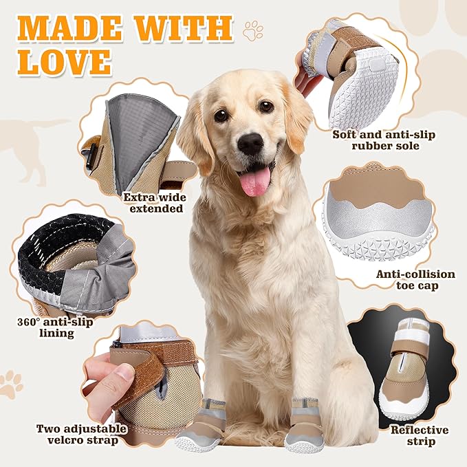 DcOaGt Dog Shoes Large Size Dogs,Mesh Breathable Dog Boots & Paw Protectors for Hot Pavement Summer Winter Snow, 360°Anti-Slip Dog Booties with Reflective Strips for Hiking/Walking,Khaki 4PCS(Size 6)