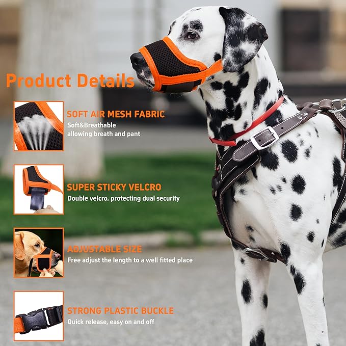 Soft Breathable Dog Muzzle, Air Mesh Nylon Cover, Adjustable, 6 Sizes (Orange, XL)
