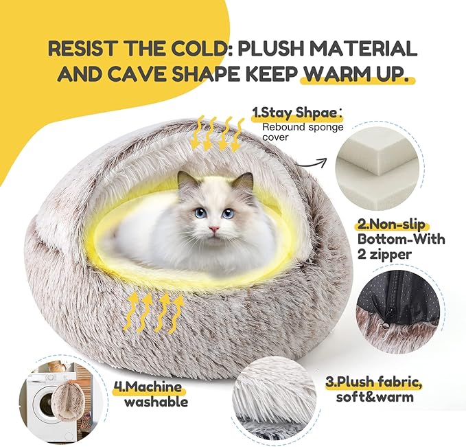 CATISM Plush Hooded Cat Bed, Calming Nest, Self-Warming Cave, Cozy Pod for Indoor Cats or Small Dogs, Removable Washable Cove With Non-Slip Bottom