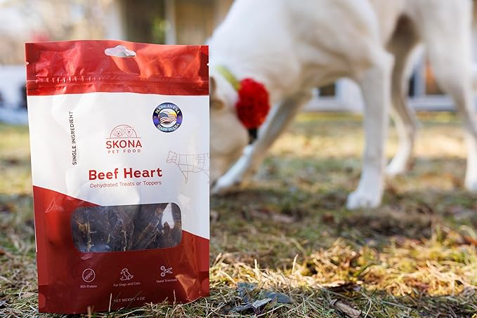 Skona PetFood Beef Heart Jerky Dog & Cat Treats, Single-Ingredient, High Protein Training Snacks, Natural, Grain-Free, USA Made, Rich in Taurine, Supports Digestion & Dental Health, 4oz