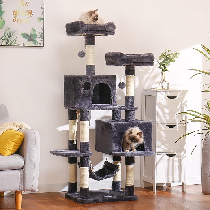 Hey-brother Multi-Level Cat Tree Condo Furniture with Sisal-Covered Scratching Posts, 2 Plush Condos, Perch Hammock for Kittens, Cats and Pets, Smoky Gray MPJ020-SG