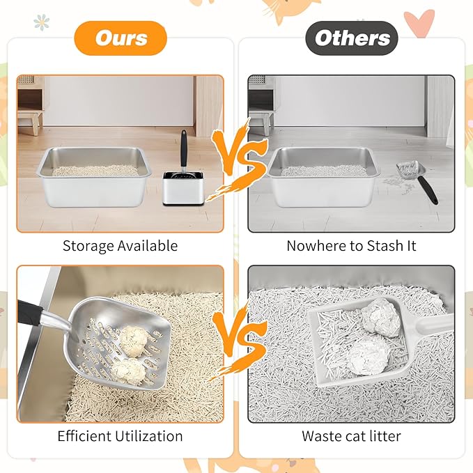 Heavy-Duty Cat Litter Scoop with Holder, Metal Cat Scooper Holder Trash Container, Aluminum Kitty Poop Sifting Shovel Captures All Clumps, Speed Sifter Litter Box Scooper with Cats Caddy