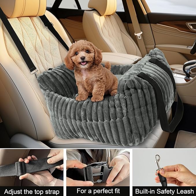 Dog Car Booster Seat, for Small Dogs Under 30 lbs, Detachable Washable Travel Bed with Storage Pockets and Safety Belt (Grey, Medium)