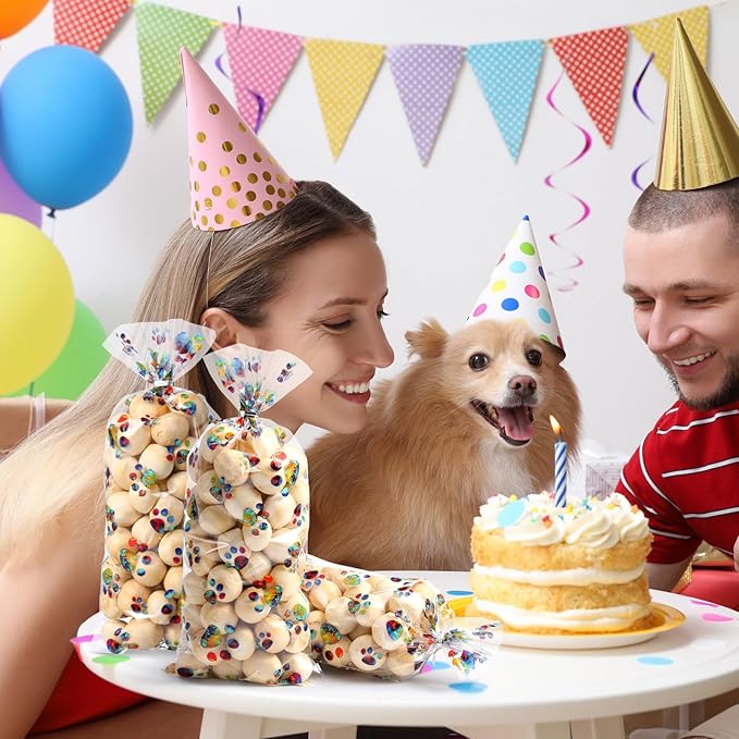 Blulu 100 Pieces Dog Treat Bags Puppy Party Favor Pet Paw Cone Cellophane Bags Candy Heat SealableDog Paw Gift with 100 Pieces Silver Twist Ties for Pet Cat Treat Party Favor(Rainbow Color)