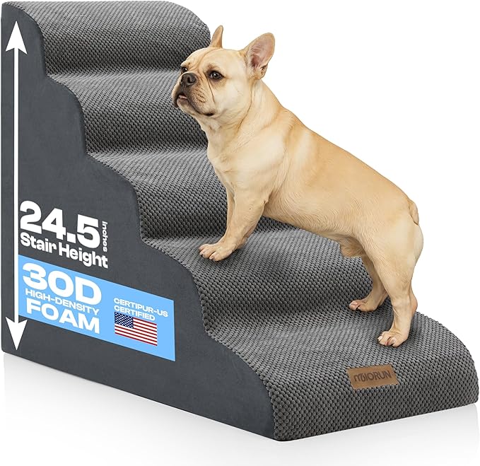 5-Step Curved Dog Stairs for High Beds Up to 30", Non-Slip Foam Pet Ramp for Small and Medium Dogs and Cats, Washable Cover, Soft Climbing Steps for Couch & Sofa