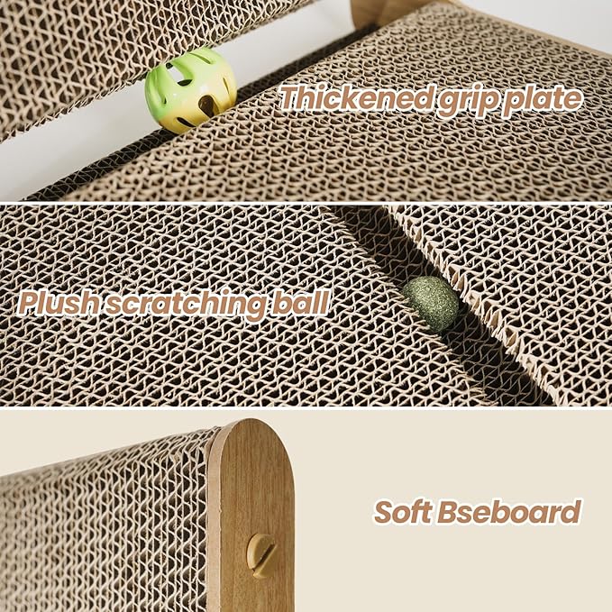 2-Pack Cardboard Cat Scratcher, 105° Tilt Angle Cat Scratching Board, 23.60 Inch L-Shape Cat Scratch Pads with Built-in Catnip Toy Balls, Cat Scratchers for Indoor Cats