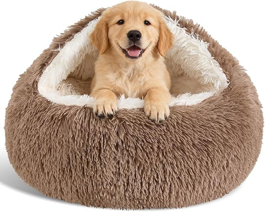 Calming Dog Beds & Cat Cave Bed with Hooded Cover,Removable Washable Round Beds for Small Medium Pets,Anti-Slip Faux Fur Fluffy Coved Bed for Improved Sleep,Fits up to 15/25 lbs(Khaki,M)