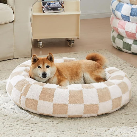 Checkered Dog Bed, Cute Beige Khaki Retro Style Aesthetic Round Warming Pet Calming Beds for Small Dog and Cats, Plush Cozy Donut Dog Beds Washable, 30" L x 30" W x 8" Th