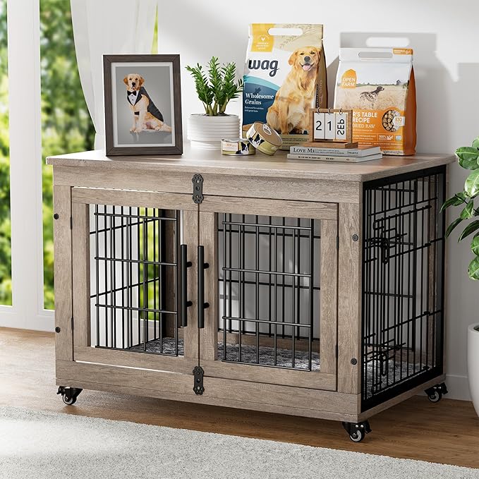 Dog Crate Furniture with Cushion Set of 2, Wooden Dog Kennel Indoor with Wheels & Double Doors, Dog Cage Side End Table for Medium Small Dogs up to 45 lb, 32.5” L, Grey