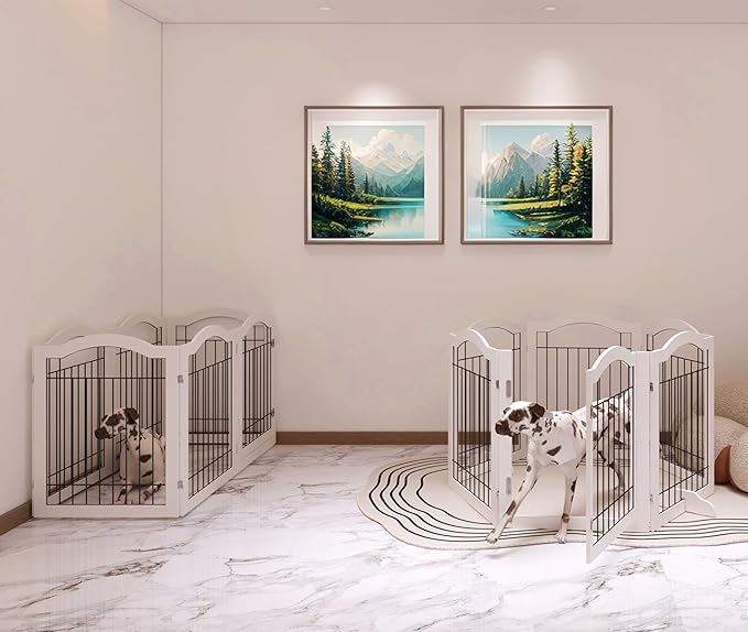 Vantas Folding No-Assembly Dog Door Pet Gate 144" Wide, 30" Tall Wooden Dog Gate with Door Walk Through, Freestanding Wire Pet Gate, Pet Puppy Safety Fence, with 2PCS Support – White