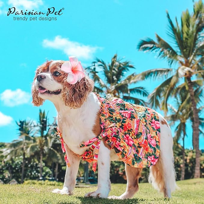 Parisian Pet Hawaiian Dog Dress - Floral Beach Outfit - Breathable Summer Clothes - Pull-Up Straps - Medium Dog Girl Dress